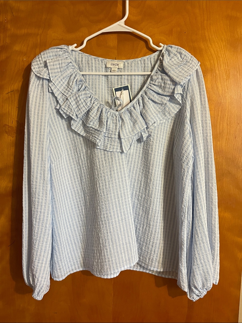 CeCe Pale Blue Ruffle-Neck Long Sleeve Blouse
